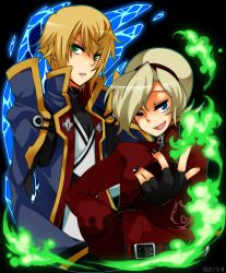Rule 34 | 2boys, ash crimson, belt, black background, black gloves, blazblue, blonde hair, blue cape, blue eyes, blue jacket, cape, crossover, fingerless gloves, fire, gloves, green eyes, green fire, green outline, hair between eyes, hair over one eye, hairband, highres, ice, jacket, kisaragi jin, looking at viewer, looking to the side, male focus, military uniform, multiple boys, nail polish, one eye closed, outline, puchi-pochi, pyrokinesis, red hairband, red jacket, smile, the king of fighters