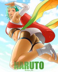 1girl absurdres armpits ass ass_focus bag breasts brown_eyes cloud copyright_name crop_top dark-skinned_female dark_skin detached_sleeves duffel_bag fishnets from_below full_body fuu_(naruto) green_hair hair_ornament hairclip highres looking_at_viewer naruto_(series) naruto_shippuuden navel no_pupils saburo_des short_shorts shorts sky sleeveless small_breasts smile thighs toeless_footwear twitter_username watermark white_footwear wolf_cut