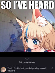 Rule 34 | 1girl, absurdres, animal ear fluff, animal ears, blonde hair, blue eyes, blue streaks, cat ears, closed mouth, english text, fake screenshot, highres, i&#039;m all ears (meme), impact (font), indie virtual youtuber, lifebuoy hair ornament, meme, nimi nightmare, photo background, sameko saba, varliet, virtual youtuber