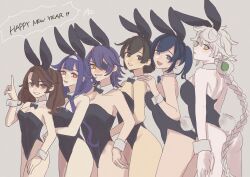 6+girls a-maru_(aaa_circle0110) alternate_costume animal_ears bare_legs black_bow black_bowtie black_eyes black_hair black_leotard blue_eyes bow bowtie braid breasts brown_eyes brown_hair commentary_request cowboy_shot detached_collar eyepatch grey_background grey_hair hair_flaps hair_over_shoulder happy_new_year highres hiryuu_(kancolle) kanji_connection kantai_collection large_breasts leotard long_hair multiple_girls name_connection new_year one_side_up playboy_bunny purple_hair rabbit_ears rabbit_tail red_eyes ryuuhou_(kancolle) ryuujou_(kancolle) short_hair single_braid small_breasts souryuu_(kancolle) strapless strapless_leotard taigei_(kancolle) tail tenryuu_(kancolle) twintails unryuu_(kancolle) wrist_cuffs yellow_eyes