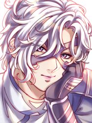 1boy ak_87_kt eye_mask gloves hand_on_own_cheek hand_on_own_face head_rest looking_at_viewer male_focus pink_lips portrait purple_eyes purple_gloves purple_mask sengoku_basara short_hair solo takenaka_hanbee_(sengoku_basara) white_background white_hair