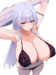 Rule 34 | 1girl, alternate costume, anesaki, armlet, armpits, arms up, aschenputtel (wonderland wars), bare shoulders, bikini, bikini bottom only, black bikini, black bra, blunt bangs, blush, bra, breasts, cleavage, closed mouth, clothes lift, collarbone, commentary, from above, front-tie top, gold armlet, highres, huge breasts, jewelry, lace, lace-trimmed bra, lace trim, long hair, looking at viewer, navel, paid reward available, pink eyes, purple hair, shirt, sidelocks, simple background, skindentation, solo, standing, stomach, sweat, swimsuit, thighs, underwear, v-shaped eyebrows, very long hair, wet, white background, white shirt, wonderland wars