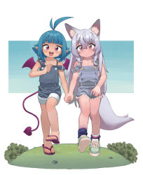 2girls animal_ears antenna_hair blue_hair blue_socks closed_mouth demon_girl demon_tail demon_wings flat_chest fox_ears fox_girl fox_tail grey_hair highres holding_hands long_hair looking_at_viewer loose_socks multiple_girls open_mouth original overalls pink_eyes pointy_ears purple_tail purple_wings short_hair socks tail teeth toes upper_teeth_only very_long_hair wings yokappa_(jokappa)