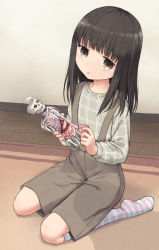 1girl anatomical_model black_hair brain child female_focus high-waist_shorts highres kneeling model on_floor original rug shorts skeleton socks solo suspender_shorts suspenders wooden_floor yuyuzuki_(yume_usagi)