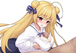 1boy 1girl ahoge black_skirt blonde_hair blue_bow blue_bowtie blush bow bowtie breasts breasts_squeezed_together censored cleavage clothed_female_nude_male commentary_request commission cowboy_shot double_bun erection frilled_sailor_collar frilled_shirt frilled_sleeves frills from_side furrowed_brow ghost_villager grabbing_own_breast hair_bow hair_bun hamidashi_creative hetero huge_ahoge izumi_hiyori large_breasts long_hair long_sleeves looking_at_penis looking_down male_pubic_hair mosaic_censoring nose_blush nude open_mouth paizuri paizuri_under_clothes penis pixiv_commission pubic_hair red_eyes sailor_collar shirt simple_background skirt solo_focus straight_hair variant_set very_long_hair white_background white_sailor_collar white_shirt