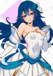 1girl absurdres bare_shoulders blue_eyes blue_hair blush breasts bride detached_sleeves dress fire_emblem fire_emblem_awakening fire_emblem_warriors fukou gold_trim grin highres long_hair looking_at_viewer lucina_(bridal)_(fire_emblem) lucina_(fire_emblem) nintendo sash small_breasts smile solo strapless strapless_dress wedding_dress white_dress