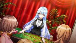 1girl blue_hair bow bowtie breasts buttons casino curtains dolphin_wave game_cg highres large_breasts long_hair nayuki_hiori non-web_source official_art ootomo_takuji plant poker poker_chip potted_plant red_eyes roulette_table shirt sparkle table very_long_hair vest white_shirt