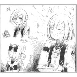 1boy 1girl chibi cowenna eochaid_(mabinogi) food looking_at_mirror mabinogi maid maid_headdress mirror monochrome multiple_expressions official_art sketch sushi