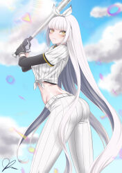 1girl alternate_costume ass baseball_bat baseball_uniform blanc_(nikke) blanc_(no._77_batter)_(nikke) blush breasts gloves goddess_of_victory:_nikke long_hair looking_at_viewer medium_breasts pants ramiki smile solo sportswear very_long_hair white_hair yellow_eyes