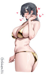 1girl artist_name ass bikini blush breasts butt_crack cleavage commentary_request cropped_legs ebifurya from_side gold_bikini grey_hair hair_between_eyes hair_flaps hair_intakes hair_ornament hair_ribbon hand_up heart highres jingei_(kancolle) kantai_collection large_breasts long_hair looking_at_viewer loving_aura navel one-hour_drawing_challenge open_mouth red_ribbon ribbon shiny_skin sidelocks simple_background skindentation smile solo stomach strap_gap swimsuit teeth thighs twisted_torso twitter_username upper_teeth_only whale_hair_ornament white_background