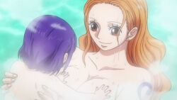 2girls anime_screenshot breasts collarbone completely_nude hands_on_another&#039;s_chest highres kurozumi_tama large_breasts long_hair looking_at_another multiple_girls nami_(one_piece) nude one_piece onsen orange_hair purple_hair short_hair shoulder_tattoo smile steam tattoo water wet