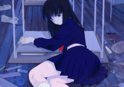 black_hair book classroom desk eraser ica indoors nabeshima_(pon_nbsm) original ruler school school_desk school_uniform scissors serafuku shoes skirt solo uwabaki