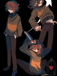 1other black_background brown_hair brown_pants covered_eyes deltarune green_sweater heart highres holding holding_knife knife kris_(deltarune) matu_(t_iyou8) multiple_views other_focus pants red_eyes short_hair solo sweater yellow_stripes