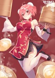 1girl :t ahoge alternate_costume amano_hagoromo bamboo_steamer bandaged_arm bandages black_dress black_shoes blush breasts bun_cover chain closed_mouth cuffs detached_sleeves double_bun dress flower food foot_out_of_frame foot_up hair_between_eyes hair_bun highres holding holding_bamboo_steamer ibaraki_kasen large_breasts looking_at_viewer nose_blush pink_eyes pink_hair red_background red_tabard rose shackles shoes short_hair sideboob sleeveless sleeveless_dress solo sparkle steamed_bun tabard thighhighs touhou white_sleeves white_thighhighs