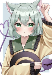 1girl absurdres animal_ears blue_background blush border cat_ears cat_girl commentary_request contrast_collar extra_ears frilled_shirt_collar frilled_sleeves frills green_eyes green_hair hair_between_eyes hand_on_own_ear hat heart heart_in_eye heart_of_string highres holding holding_unworn_clothes holding_unworn_hat kemonomimi_mode koishi_day komeiji_koishi long_sleeves looking_at_viewer nagicha outside_border parted_lips short_hair solo symbol_in_eye third_eye touhou twitter_username unworn_hat unworn_headwear upper_body white_border