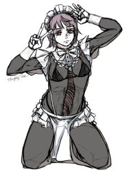 artist_name bikini black_bikini breasts chainsaw_man expressionless fami_(chainsaw_man) gloves highres kneeling maid maid_headdress medium_hair multiple_moles pink_hair see-through_clothes sketch stargazypie_u swimsuit v white_background white_gloves
