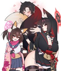 1boy 2girls absurdres animal_ear_fluff black_sailor_collar black_shirt black_skirt blue_archive breasts brown_hair cleavage colored_inner_animal_ears colored_inner_hair fang fingerless_gloves floral_print floral_print_kimono floral_print_sleeves gloves hadanugi_dousa hair_ornament halo highres hugging_tail izuna_(blue_archive) japanese_clothes kimono large_breasts long_hair miniskirt multicolored_hair multiple_girls neckerchief obi one_eye_closed one_side_up open_kimono open_mouth partially_fingerless_gloves pink_halo pink_kimono pink_neckerchief pleated_skirt pom_pom_(clothes) pom_pom_hair_ornament print_kimono red_hair red_halo rope sailor_collar sash sensei_(blue_archive) shimenawa shirt short_hair side_slit skin_fang skirt smile snya_ko tail thick_thighs thighs wakamo_(blue_archive) white_shirt white_skirt wide_sleeves yellow_eyes