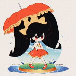 1girl ashley_(warioware) big_hair bird black_hair blush dress full_body hair_between_eyes hairband highres holding holding_umbrella island nintendo official_alternate_costume parasol procreate_(medium) red_dress red_eyes red_shoes shoes sleeveless sleeveless_dress solo standing sugarbee908 twintails umbrella warioware warioware:_move_it! yellow_hairband