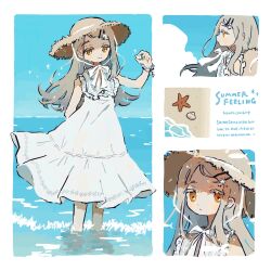 1girl blonde_hair bracelet colored_eyelashes dress english_text flipped_hair frilled_dress frills gakuen_idolmaster gooooskap hat highres idolmaster jewelry light_smile long_hair looking_at_viewer multiple_views ocean orange_eyes ribbon shinosawa_hiro sky sleeveless sleeveless_dress starfish straw_hat wading white_dress