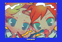 Rule 34 | 2boys, artist name, bandaid, bandaid on face, blonde hair, blue background, blue eyes, brothers, brushing teeth, claus (mother 3), close-up, collared shirt, gradient eyes, highres, holding, holding toothbrush, liquid, lucas (mother 3), male focus, mi (33tb), mother (series), mother 3, multicolored eyes, multiple boys, nintendo, orange hair, outline, outside border, portrait, shirt, siblings, swept bangs, toothbrush, twins, yellow background