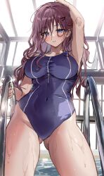 1girl arm_up blue_eyes blush breasts covered_navel gluteal_fold hair_ornament hairclip highres large_breasts long_hair looking_at_viewer one-piece_swimsuit original parted_lips pool pool_ladder poolside purple_hair saya_(mychristian2) school_swimsuit solo swimsuit thighs water wet