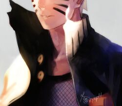 1boy blonde_hair fishnets grey_background jacket male_focus naruto_(series) naruto_shippuuden ninja open_clothes open_jacket orange_jacket short_hair simple_background solo spiked_hair teeth upper_body uzumaki_naruto zifletts