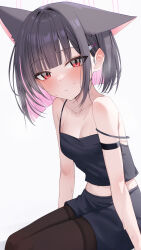 Rule 34 | 1girl, absurdres, animal ears, bare shoulders, black camisole, black hair, black pantyhose, black shorts, blue archive, blunt bangs, blush, breasts, camisole, cat ears, cat girl, cleavage, colored inner hair, halo, highres, kazusa (blue archive), looking at viewer, midriff, multicolored hair, navel, pantyhose, pink hair, pink halo, red eyes, shorts, simple background, sitting, solo, sweat, wendao, white background