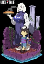 1girl 1other :o =_= absurdres androgynous animal_ears autumn_leaves barefoot black_background brick_wall brown_footwear brown_hair cel_shading child closed_eyes colored_skin column commentary copyright_name falling_leaves fewer_digits fingernails food frisk_(undertale) full_body furry furry_female goat_ears goat_girl goat_horns hand_on_another&#039;s_head height_difference highres holding holding_stick holding_tray horns ivy kamezaemon leaf long_sleeves no_nose open_mouth pie pillar purple_robe red_eyes robe romper sharp_fingernails shoes short_hair smile steam stick toriel tray turtleneck undertale walking white_skin wide_sleeves