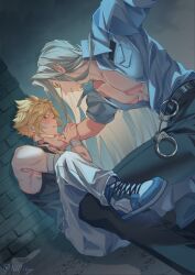 2boys against_wall bandages bandaid bandaid_on_face belt between_legs blonde_hair blue_eyes blue_shirt blush cloud_strife collar cuffs final_fantasy final_fantasy_vii grey_hair hand_on_another&#039;s_neck handcuffs highres long_hair looking_at_another male_focus multiple_boys npicy pants partially_unbuttoned pectorals pinned police police_uniform sephiroth shirt shoes sitting sleeveless sleeveless_shirt sneakers spiked_hair twitter_username yaoi