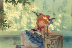 1girl alcohol alcohol_carton arm_on_knee ascot blunt_bangs bow buttons chain cup dappled_sunlight frilled_wrist_cuffs frills full_body highres horns ibuki_suika leg_up oni orange_hair outdoors painterly purple_skirt red_ascot red_bow sakazuki sake satellitedragon scenery shirt sitting skirt sleeveless solo sunlight touhou white_shirt wrist_cuffs