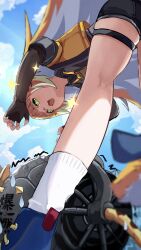+_+ 1girl absurdres animal_ear_fluff animal_ears black_gloves blue_sky claw_pose elbow_gloves fingerless_gloves gloves green_eyes highres jacket ju_fufu long_hair open_mouth outdoors po_(popopo2525x) sky socks striped_fur thigh_strap tiger_ears tiger_girl tiger_stripes white_socks yellow_jacket zenless_zone_zero