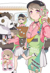 1boy 1girl animal_ears apron bear_boy bear_ears ben_bigger black_choker black_shoes brown_hair candy choker coco_(zenless_zone_zero) collared_shirt colored_inner_hair commentary_request cowboy_shot crying crying_with_eyes_open donut_bracelet drinking food furry furry_male gloom_(expression) gloves green_apron green_eyes green_hair heart highres holding holding_paper kumanomenekoze lollipop looking_at_viewer milk_tea multicolored_eyes multicolored_hair multiple_views musical_note open_mouth paper pink_shirt pleated_skirt purple_eyes shirt shoes short_sidetail sidelocks skirt smile socks tears trembling two-tone_eyes white_gloves white_skirt white_socks zenless_zone_zero