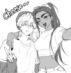 1boy 1girl :q alien_stage arm_around_shoulder beanie bracelet breasts commentary crop_top english_commentary english_text greyscale hair_ornament hair_scrunchie hat high_ponytail hyuna_(alien_stage) jewelry long_hair long_sleeves lubya luka_(alien_stage) midriff monochrome one_eye_closed open_mouth ponytail scrunchie selfie shirt short_hair short_sleeves smile tongue tongue_out v