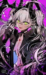 1girl black_jacket black_panties body_markings breasts candy choker crossed_bangs demon_girl demon_horns demon_wings ear_piercing fate/grand_order fate_(series) food green_eyes grey_hair hair_between_eyes highres horns jacket large_breasts lilith_(fate) lollipop long_hair long_sleeves looking_at_viewer navel panties piercing pointy_ears rioka_(southern_blue_sky) solo stomach_tattoo tattoo tongue tongue_out twintails underwear very_long_hair wings