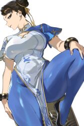 1girl absurdres black_shoes blue_dress breasts brown_eyes brown_hair capcom china_dress chinese_clothes chun-li cleavage_cutout clothing_cutout covered_navel dress from_below hair_bun hair_ribbon highres large_breasts leg_up looking_at_viewer looking_down ribbon shoes short_sleeves sideways_glance simple_background smile solo street_fighter street_fighter_6 taiyang_yu white_background yellow_ribbon