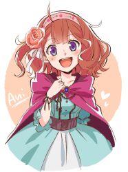 1girl ahoge ani_inako blue_dress blue_eyes brown_hair cape character_name collarbone dame_x_prince dress eyelashes hairband happy highres looking_at_viewer open_mouth pink_cape pink_hairband puffy_short_sleeves puffy_sleeves short_sleeves solo waasa