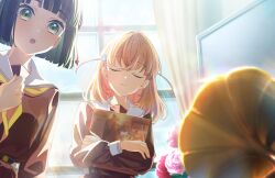 2girls :o backlighting black_hair blunt_bangs blunt_ends blush bob_cut cerise_bouquet clenched_hand closed_eyes closed_mouth crossed_bangs facing_viewer flower game_cg green_eyes hair_intakes hair_ornament highres hinoshita_kaho indoors link!_like!_love_live! love_live! medium_hair momose_ginko multiple_girls non-web_source official_art open_mouth orange_hair phonograph pink_flower rabbit_hair_ornament ranunculus record_jacket red_flower short_hair smile split_mouth two_side_up u_u virtual_youtuber whiteboard window
