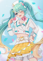 Rule 34 | 1girl, absurdres, alternate costume, aqua eyes, aqua hair, aqua nails, blonde hair, blush, bow, bowtie, cropped jacket, gradient hair, hair between eyes, hair ornament, hatsune miku, highres, holding, holding letter, jacket, letter, long hair, long sleeves, looking at viewer, magical mirai (vocaloid), magical mirai miku, magical mirai miku (2024), midriff, multicolored hair, navel, one eye closed, open mouth, pink bow, pink bowtie, pink nails, plaid clothes, plaid skirt, pleated skirt, shorts, shorts under skirt, skirt, smile, solo, twintails, very long hair, white jacket, yellow skirt, zfdh5353