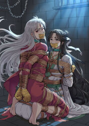 2boys arms_behind_back barefoot bdsm black_hair bondage bound bound_arms bound_legs bound_together bound_torso chain chinese_clothes collar frogtie gag hanfu highres holding holding_rope improvised_gag indoors kneeling long_hair looking_back mouth_hold multiple_boys night ofuda original prison root001 rope tape tape_gag torn_clothes very_long_hair white_hair