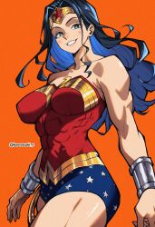 1girl absurdres bare_shoulders blue_eyes blue_hair blush circlet commentary covered_abs cowboy_shot dc_comics eyelashes highres komatsuki_n lasso_of_truth orange_background pink_lips simple_background smile solo superhero_costume twitter_username watch wonder_woman wonder_woman_(series) wristwatch