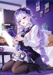 1girl absurdres aida_noa ascot belle_(zenless_zone_zero) black_pantyhose black_skirt breasts cellphone center_frills character_doll clenched_teeth commentary_request dress frilled_sleeves frills heart heart_in_eye highres holding holding_phone indoors large_breasts long_hair long_sleeves mole mole_under_eye multicolored_hair no_shoes objectification open_mouth overskirt pantyhose phone pointy_ears purple_ascot purple_hair red_eyes sidelocks sitting skirt smartphone solo sparkle sparkling_aura streaked_hair stuffed_animal stuffed_toy surprised symbol_in_eye teddy_bear teeth very_long_hair vivian_banshee wariza white_dress wise_(zenless_zone_zero) zenless_zone_zero
