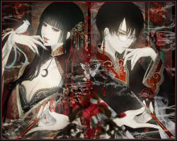 1boy 1girl absurdres animal animal_on_hand animal_print beads bird bird_on_hand black_border black_hair black_robe blue_eyes blunt_bangs blurry border breasts bug butterfly butterfly_brooch butterfly_print clamp_(circle)_(style) cleavage commentary crescent depth_of_field earrings embroidery english_commentary eyelashes finger_to_mouth fingernails floral_background floral_print flower glasses hair_ornament hand_up heterochromia highres hime_cut holding holding_smoking_pipe ichihara_yuuko insect japanese_clothes jewelry kimono kiseru lace_trim long_fingernails long_hair long_sleeves looking_afar looking_at_viewer multiple_earrings pale_skin parted_lips pendant red_border red_eyes red_flower red_lips red_nails robe round_eyewear satsuki_kei shawl short_hair sidelocks smile smoke smoking_pipe spider_lily spider_lily_print split_screen straight_hair tassel tassel_hair_ornament upper_body watanuki_kimihiro xxxholic yellow_eyes
