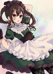 1girl apron arm_up black_gloves black_pantyhose breasts brown_eyes brown_hair commentary_request dress frilled_apron frills gloves green_dress hair_between_eyes highres idolmaster idolmaster_cinderella_girls idolmaster_cinderella_girls_starlight_stage looking_at_viewer maid maid_headdress open_mouth pantyhose petticoat puffy_short_sleeves puffy_sleeves rino_cnc short_sleeves small_breasts solo sunazuka_akira twintails white_apron