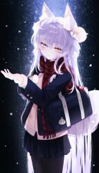 1girl absurdres animal_ear_fluff animal_ears antenna_hair blue_eyes blush brown_cardigan cardigan fox_ears fox_girl fox_tail heterochromia highres karou_(lhscck302) long_sleeves purple_hair red_scarf scarf school_uniform stellive tail tenko_shibuki virtual_youtuber winter_uniform yellow_eyes