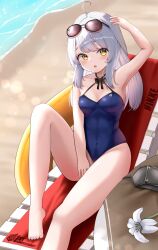 1girl absurdres ahoge anniversary barefoot beach blue_one-piece_swimsuit breasts casual_one-piece_swimsuit chair eyewear_on_head flower goddess_of_victory:_nikke highres innertube lounge_chair one-piece_swimsuit small_breasts snow_white_(innocent_days)_(nikke) snow_white_(nikke) solo sunglasses swim_ring swimsuit waves white_flower white_hair yellow_eyes yomining