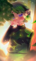1girl absurdres belt belt_buckle black_belt black_sweater blush buckle commentary cowboy_shot crying crying_with_eyes_open day english_commentary forest green_hair green_tunic hand_on_own_cheek hand_on_own_face head_tilt highres light_particles lips long_sleeves looking_at_viewer nature nintendo one_eye_covered outdoors parted_bangs parted_lips pink_lips pointy_ears raised_inner_eyebrows sad saria_(zelda) shade short_hair solo streaming_tears suulore sweater swept_bangs tears teeth the_legend_of_zelda the_legend_of_zelda:_ocarina_of_time thick_eyebrows tunic turtleneck turtleneck_sweater vertical-striped_sleeves
