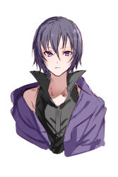 1other androgynous black_shirt closed_mouth collarbone collared_shirt commentary_request cropped_torso dot_nose frown hair_between_eyes high_collar highres hood hood_down hooded_jacket jacket len&#039;en light_blush light_frown long_sleeves looking_at_viewer no_headwear open_clothes open_jacket other_focus purple_eyes purple_hair purple_jacket shirt shitodo_kuroji short_hair signature simple_background single_bare_shoulder sleeveless sleeveless_shirt solo white_background yoni. zipper