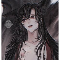 Rule 34 | 1boy, ahoge, androgynous, animal ears, bare pectorals, black hair, black hanfu, brown eyes, chinese clothes, collarbone, eyelashes, fang, fox boy, fox ears, fox tail, hair between eyes, hair down, half updo, hanfu, kemonomimi mode, kitsune, kyuubi, long hair, looking to the side, male focus, messy hair, modao zushi, multiple tails, nipple piercing, nipples, official alternate hairstyle, ojisan rbt, open clothes, open mouth, open robe, parted lips, pectorals, piercing, robe, solo, tail, teeth, upper body, watermark, wei wuxian, wei wuxian (yiling laozu)