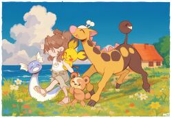 1girl ^_^ artist_self-insert blue_sky brown_hair building child closed_eyes cloud dratini flower gen_1_pokemon gen_2_pokemon girafarig grass green_shorts highres kaijumilk_(milkchaotea) nintendo ocean on_shoulder one_eye_closed open_mouth original outdoors pichu pokemon pokemon_(creature) pokemon_on_shoulder shorts sky smile solo tank_top teddiursa two_side_up walking white_tank_top