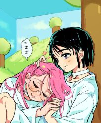 2girls alien_stage black_hair bob_cut choker closed_eyes closed_mouth commentary dress grass hand_on_another&#039;s_head highres holding_hands long_hair mizi_(alien_stage) multiple_girls open_mouth pink_hair purple_eyes saliva short_hair sleeping sleeping_on_person smile spoken_zzz sua_(alien_stage) sunnyirry symbol-only_commentary tree under_tree white_choker white_dress zzz